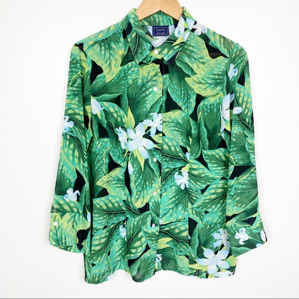 Laura Scott Top Green Sheer Button Down Blouse